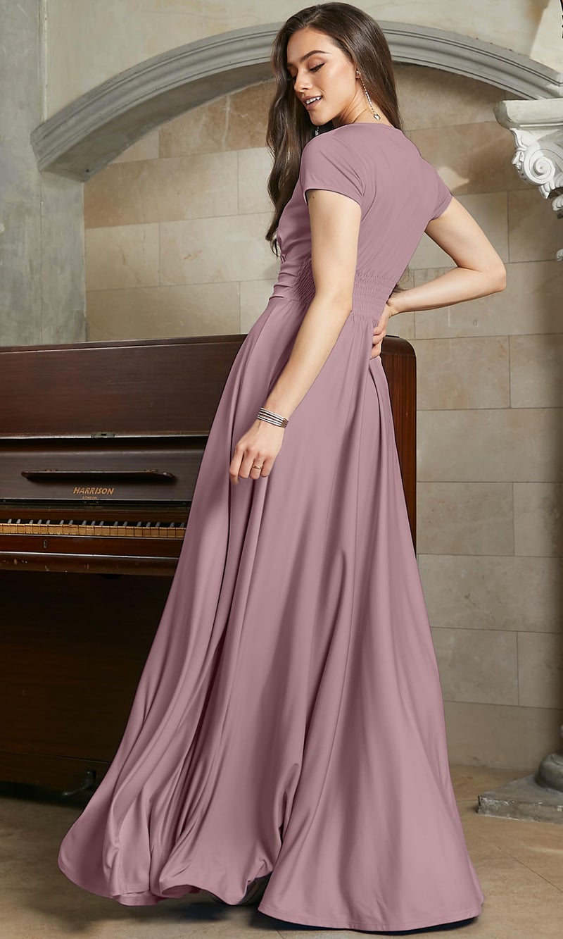 KOH KOH Womenâ€™s Long Cap Short Sleeve Flowy Cocktail Semi Formal Prom Gala Black Tie Bridesmaid Wedding Guest Work Dressy Tall Gown Gowns Maxi Dress Dresses, Dusty Pink L 12-14 - Image 4
